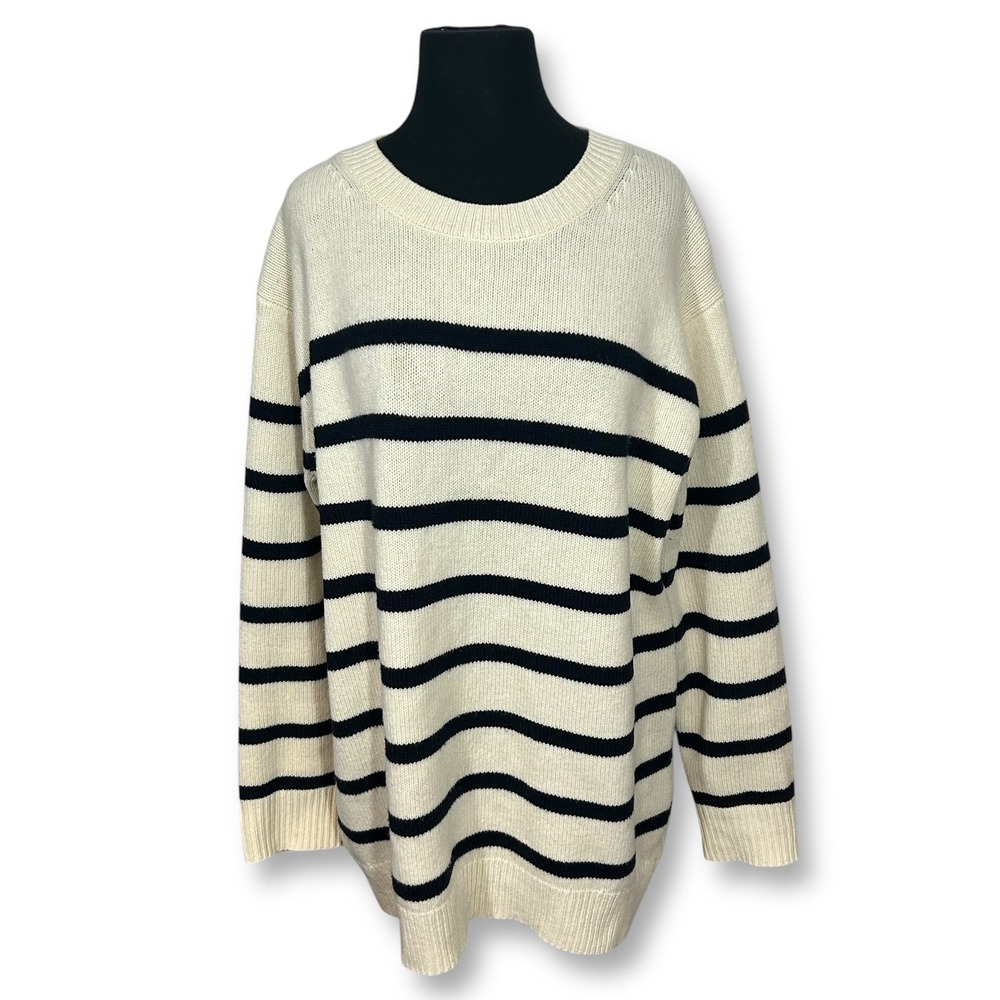 J.Crew Striped Oversized Sweater Merino Wool Crew Neck‎ Pullover Ivory Womens S